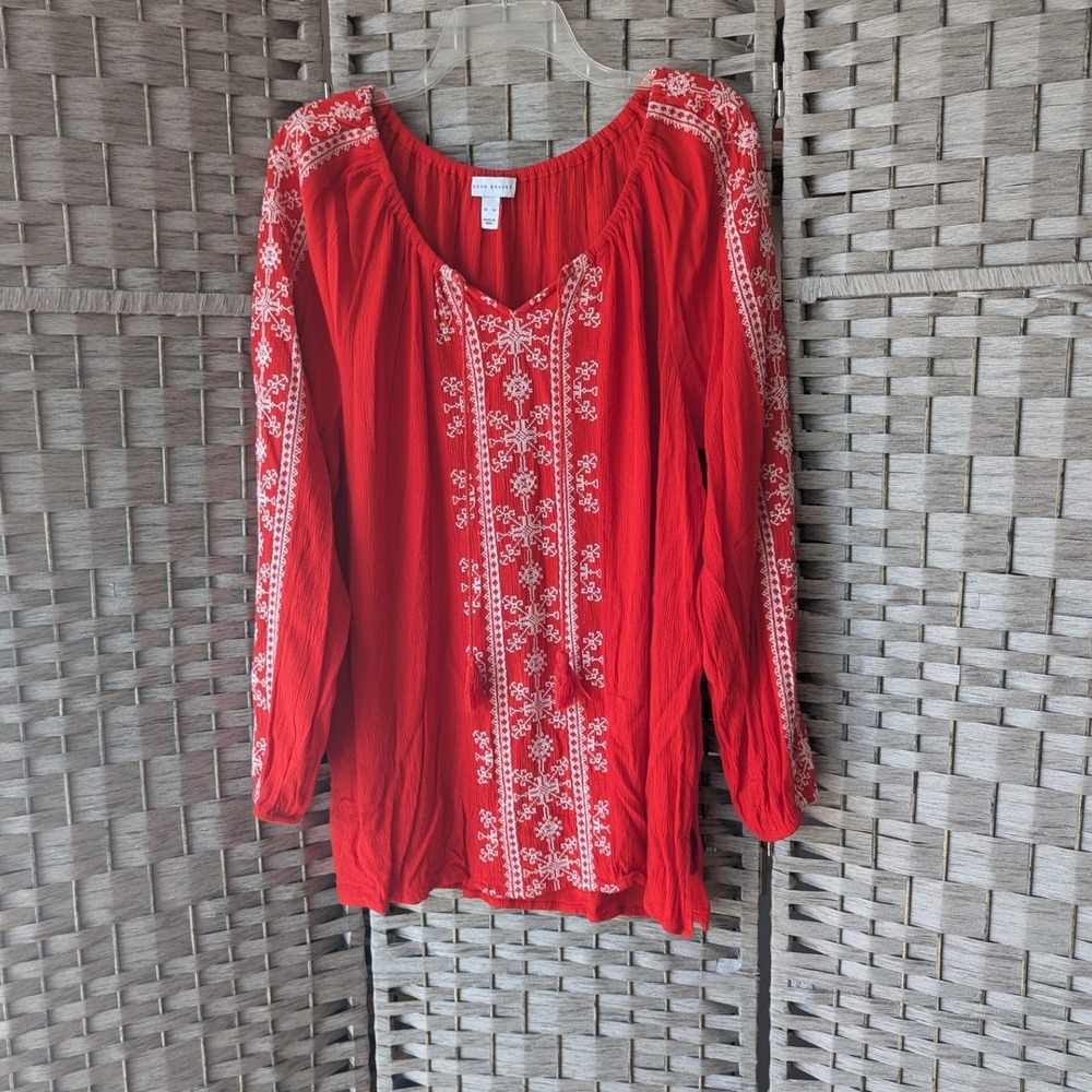 Susan Graver Peasant Top Red Embroidered‎ Tassel Blouse XL Boho Festival